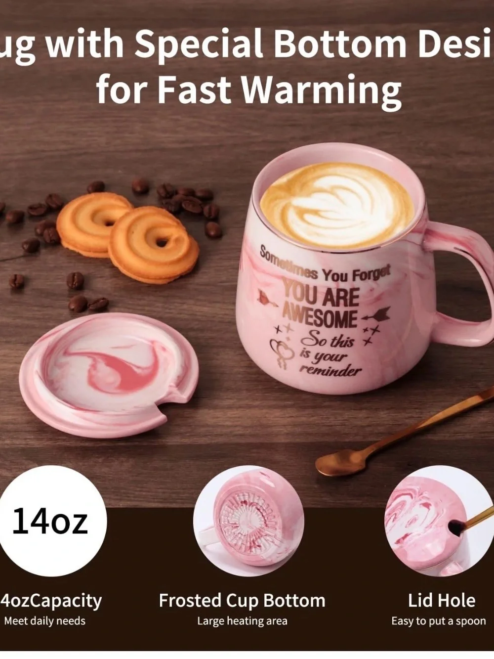 Coffee Mug Warmer & You are Awesome Set, AWESOME MUG with 4 Temp, Pink